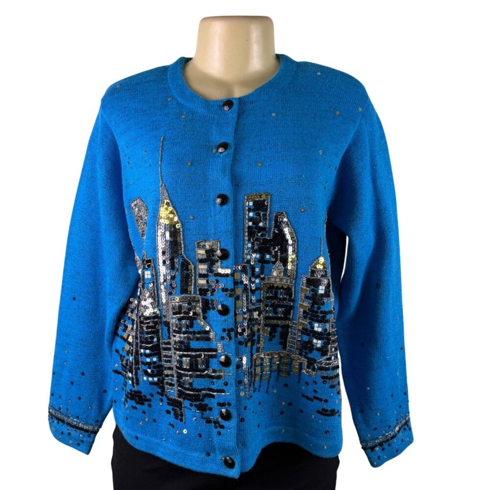 Design Options Womens Blue Button-Up Sequin Cardigan Skyline Embellished Sz L - Picture 2 of 10